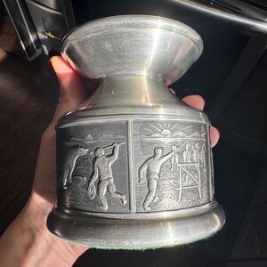 Vintage Norwegian Pewter Candle Set and Norsk Tinn Bowl. Folk Art Viking Warrior